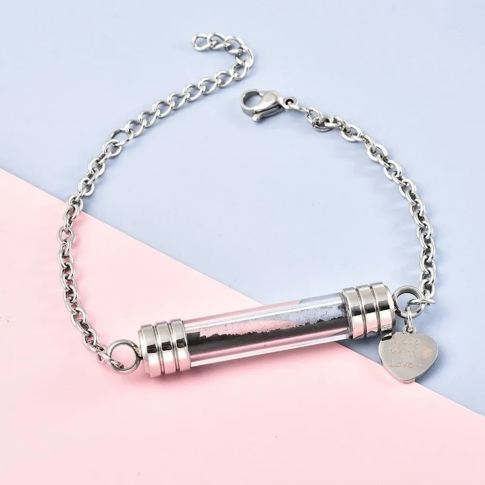 Shungite and Glass Bottle, Heart Charm Bracelet in Stainless Steel